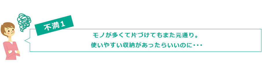 不満１　モノが多くて片づけてもまた元通り。使いやすい収納があったらいいのに･･･