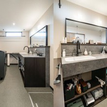 あえて扉を付けずオープンの洗面＆ランドリースペース。物の在庫が把握しやすく、出し入れしやすい。