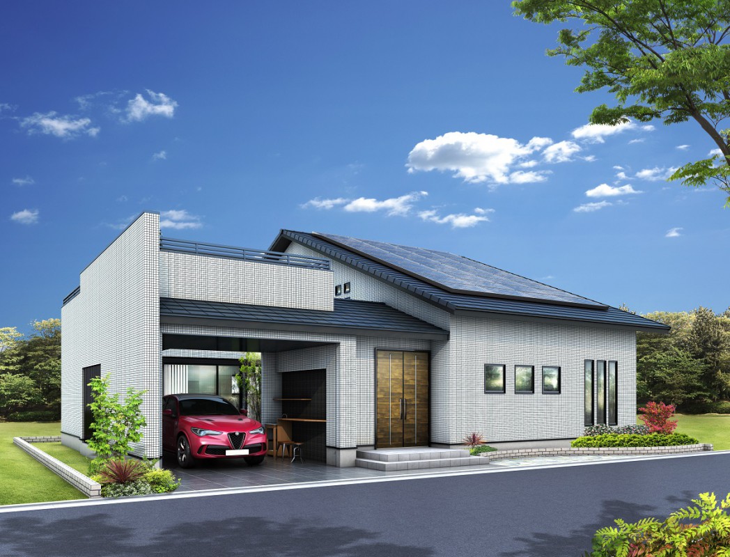 ビルトインガレージ　屋上庭園　ガレージライフ　バーカウンター　太陽光発電　ソーラーパネル　平屋のベランダ　