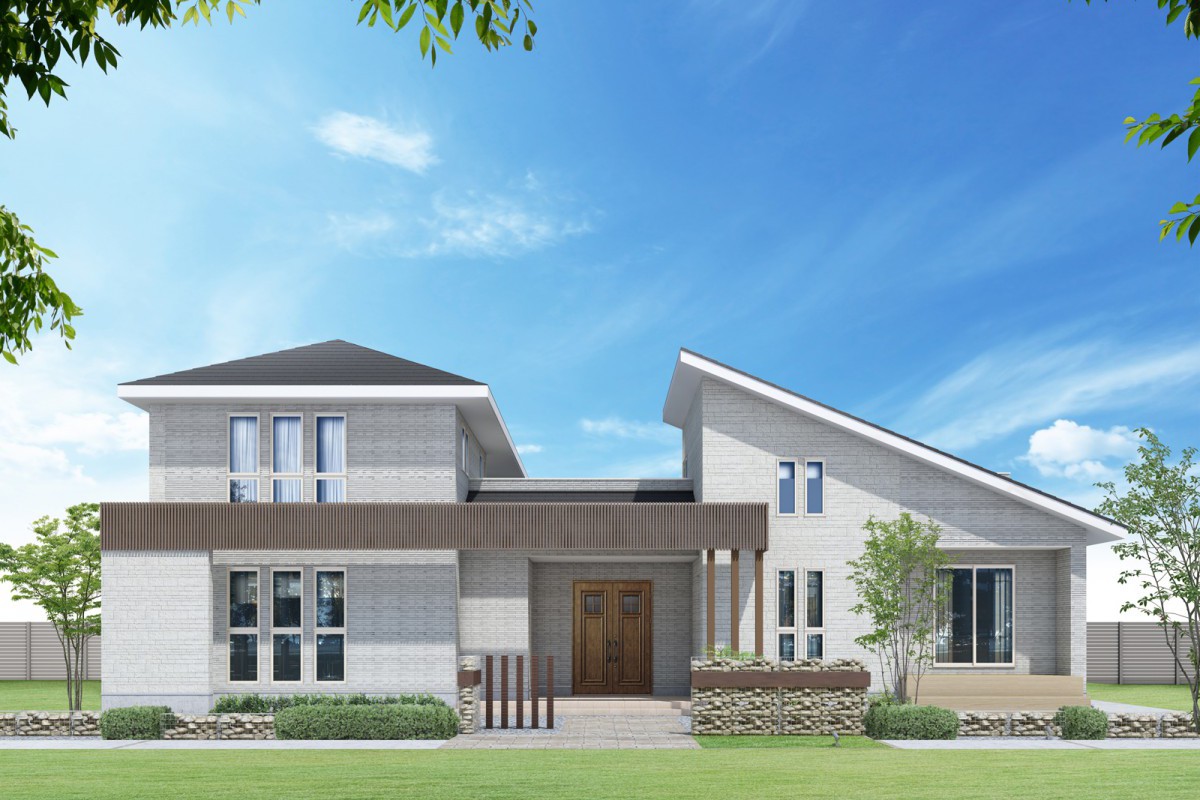 重厚感のある家　タイルの家　お洒落な外観　ツインタワー　二世帯住宅　別荘　リゾート住宅　二階で行き来出来る二世帯　広い玄関　エントランス　オシャレ窓　モダン　大きな家　外観アクセント　