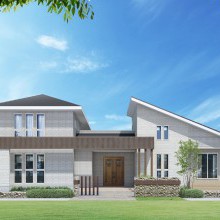 重厚感のある家　タイルの家　お洒落な外観　ツインタワー　二世帯住宅　別荘　リゾート住宅　二階で行き来出来る二世帯　広い玄関　エントランス　オシャレ窓　モダン　大きな家　外観アクセント　